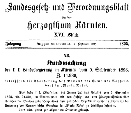 Kundmachung der Änderung des Gemeindenamens 1895